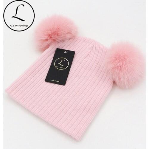 2016 New Cute Baby Girls Boys Beanie Cotton Winter Hats With 2 Real Fox Fur Pompom Kids Beanies Winter Knitted Baby Custome Caps