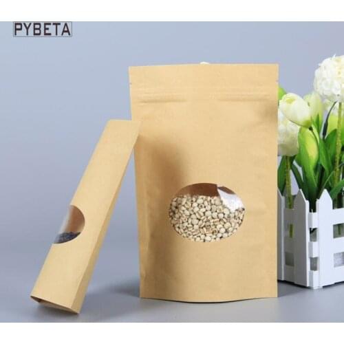 50pcs/lot- 8 sizes available Zipper lock Stand up Kraft Paper Pouch with Round Clear Window food tea powder party gift bag