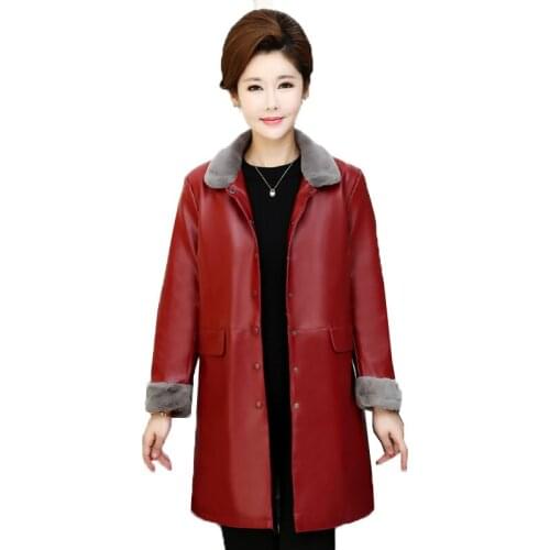 5XL Plus Size Leather Jacket Women 2019 Autumn Winter Long PU leather Coat Plus Velvet Slim Faux Leather Solid Color Overcoat