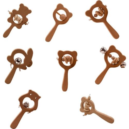 DIY Food Grade Beech Wooden Rattle Bear Bears Teething Wooden Ring Baby Rattle Game Gym Montessori Stroller Toy Educational Toys