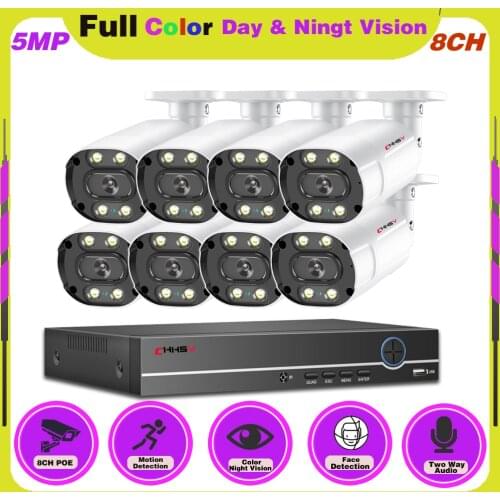 Two-way Audio Video Surveillance IP POE Camera Set 5MP 8ch NVR Kit HD Color Night Vision 8 Channels CCTV Security Camera System