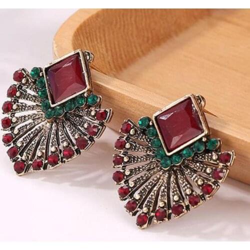 Ethnic Vintage Zircon Earrings Bohemia Fan-shaped Red Green Crystal Stud Earrings For Women New Earing Earings Jewelry Kolczyki