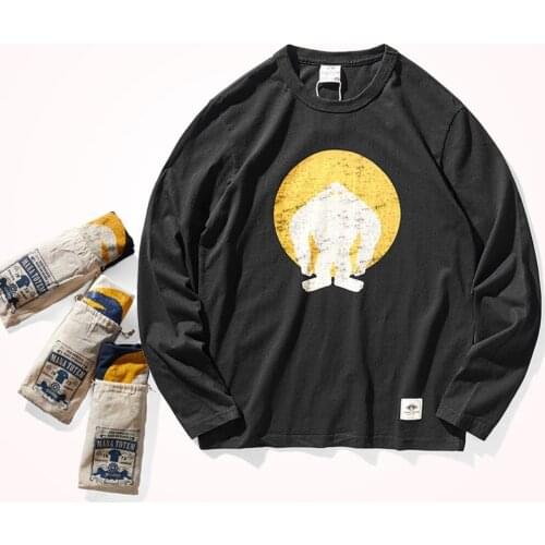 Cotton Worn Looking Washed-out Long-Sleeved Shirt Printed American Retro All -Matching Fashion Base T-shirt