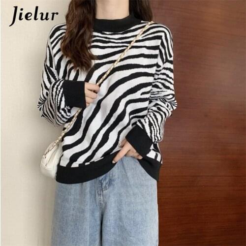 Jielur Autumn New Womens Sweater 2021 O-Neck Zebra Striped Loose Pullovers Knitted Soft Sweaters Winter Casual Tops Female S-L