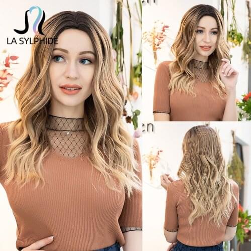 La Sylphide Synthetic Long Wave Wig Light Brown Ombre Light Blonde Gold Middle Part Wigs for Woman Party Wig Heat Resistant Wig