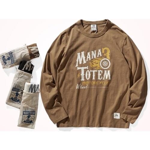 Spring and Autumn American Retro Mens Fashion Long Sleeve O-neck Printed T-shirt Pure Cotton Washed Old Casual Bottoming Tops