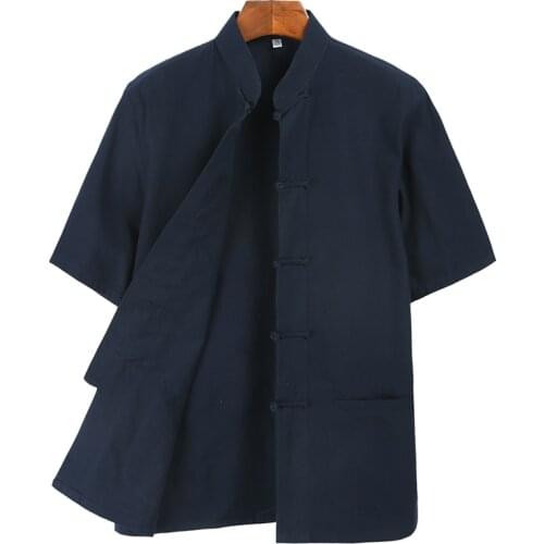 Short Sleeve Cotton Tang Suit Top Men Kung Fu Tai Chi Uniform Shirt Blouse Traditional Chinese Clothes Zhongshan Clothing