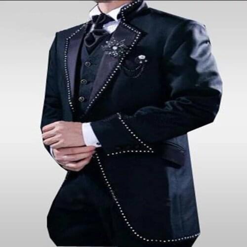 Costume Homme One Button Navy Long Blazer Groom Tuxedos Groomsmen Mens Wedding Party Prom Suits Slim Fit (Jacket+Pants+Vest)