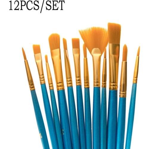 12Pcs Set Artist Paint Brushes Set Watercolor Gouache Oil Painting Round Head Blue Rod Nylon Wool Art Painting Supplies Acrylic