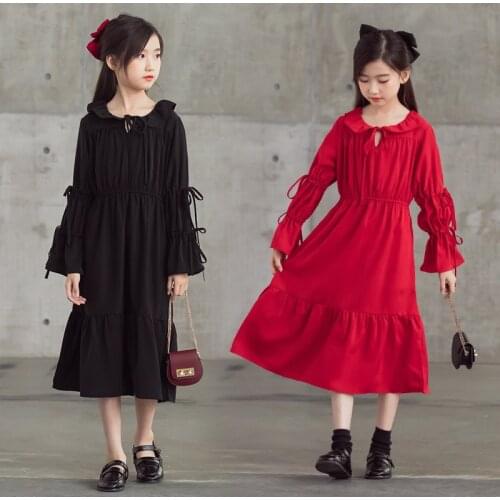 10 12 years Girls Elegant Chiffon Party Dress Long Sleeve Bow Sleeve Teen Girls Ceremony Black Red Dresses
