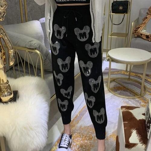 2020 Autumn Printing Pants Heavy Work Hot Drilling High Waist Casual Pants Women Loose Pant Elastic Waist Black Trousers Women