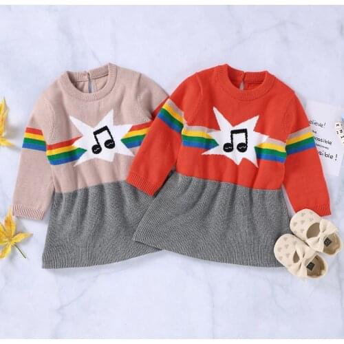 Newborn Color Block Dress Infant Musical Note Pattern Long Sleeve Round Neck Princess Dress Casual Style Winter Warm Clothes