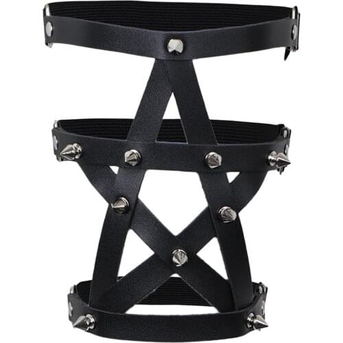 Adjustable 3 Rows Leather Leg Garter Belt Punk Gothic Rivet Stud Thigh Ring Garter Harness Star Pentagram Shape