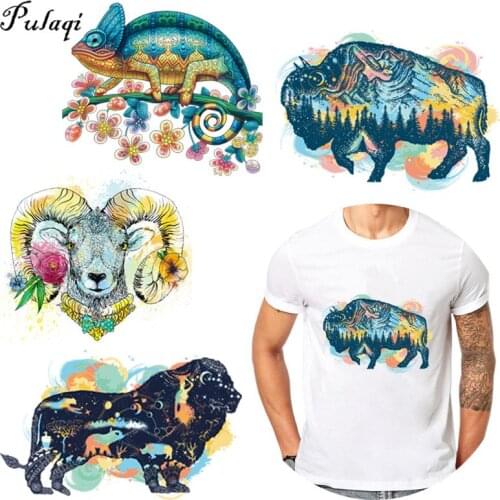 Pulaqi Animal Lion King Iron On Transfer For Clothing Stripe DIY Vinyl Thermo Stickers Transfer Bison Iron On Patches On Clothes