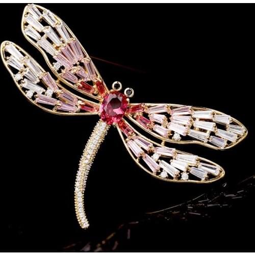 Pink Dragonfly Brooch Female Zircon Crystal Corsage Cool Insect Scarf Buckle Pin