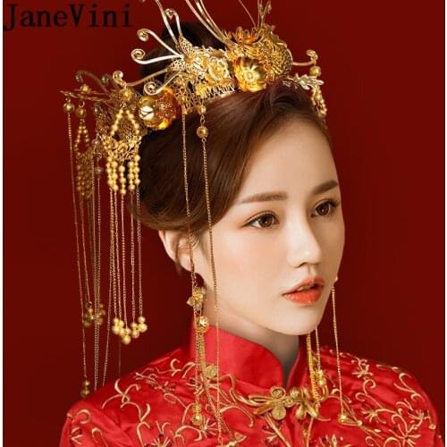 JaneVini Traditional Chinese Bride Headdress Wedding Costume Hairpin Earrings Gold Crown Floral Hairwear Bruids Haaraccessoires