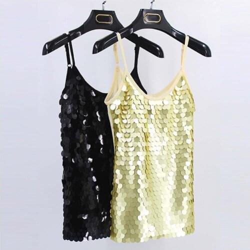 Women Sequin Stitching Sleeveless T-shirt 2018 Hot Sale Tops Female Tees T Shirt Gold Black Dance Party Club