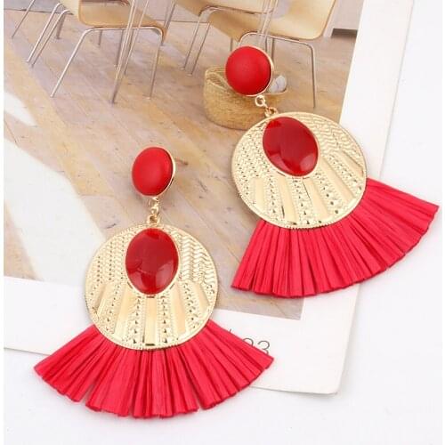 Retro exaggerated laffia fringe earrings ethnic Handmade fashion red tassel earrings ladies jewelry multiple colors wholesale
