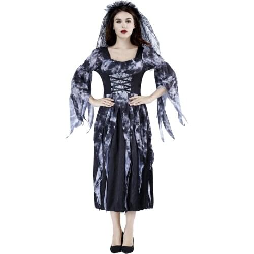 Women Halloween Cosplay Witch Costume Dark Black Devil Crow Ghost Bridal Bride Outfit Zombie Gothic Set Ladies Party Clothes