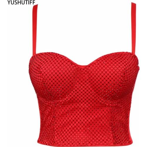 Mesh Top Acrylic Sexy Women Cropped Lingerie Night Club Party Sleeveless Corset Crop Top Push Up Bustier Camis Built in Bra 1168