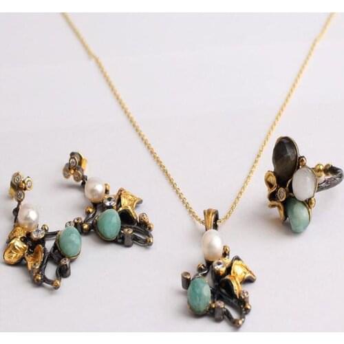 Woman Handmade Oval Blue Black White Zircon Pearl 925 Silver Jewelry Set, Zirconia ring, Zirconia Necklace, Pearl Zircon