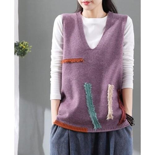 Retro Patch Woolen Pullover Sweater Vest Women Autumn and Winter V-neck Knitted Vest Casual Outerwear Waistcoat Tops 2020 y190