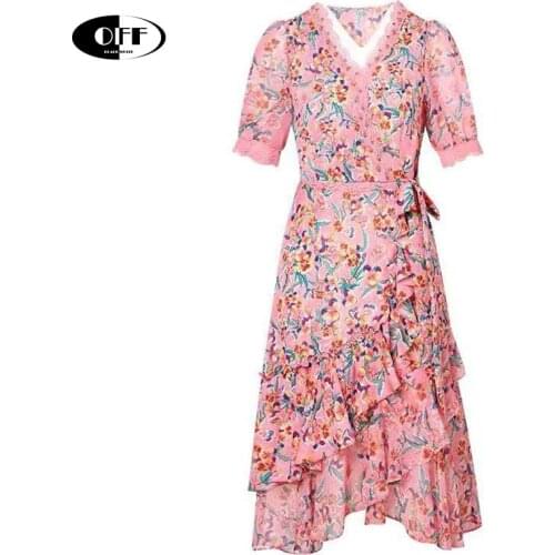 Summer Women Beach Chic Mini Dress Elegant Floral Printed Lace Up Ruffles V-neck Short Sleeve casual vintage layered dress robe