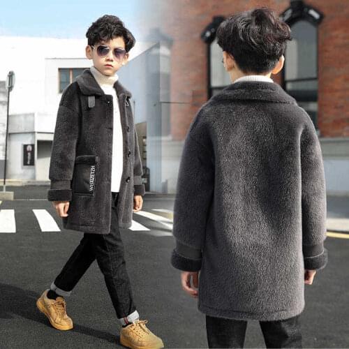 Winter Wool Coat For Boy Fur Velvet Warm Jacket ChildrenS Outerwear Fashion Turn Collar Patchwork Thicken Overcoat High Quality