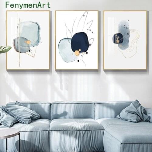 Abstract Luxury Blue Pattern Canvas Painting Modern Minimalist Gold Line Poster Print Nordic Wall Art Picture Room Home Decor