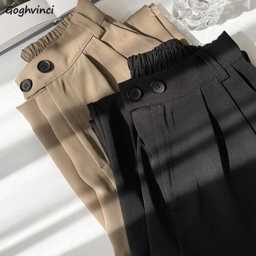 Pants Women Solid Button Simple Wide Leg Trousers Fashion Womens Casual Korean Style Office Lady All-match Streetwear Chic Retro