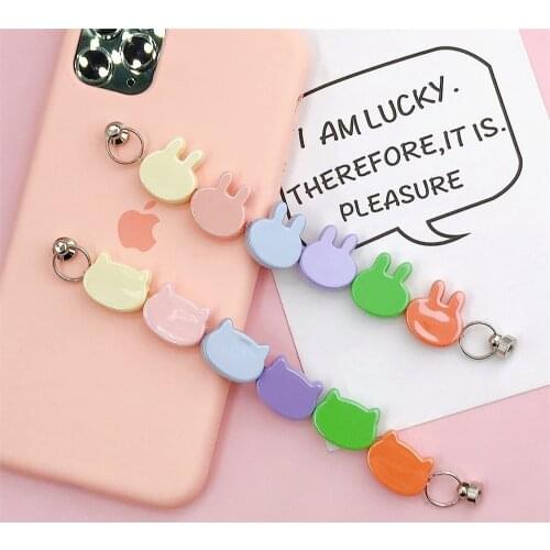 2021 New Colorful Cute Resin Rabbit Cat Beads Crystal Chain For Mobile Phone Lanyard Anti-lost Handmade Phone Chain For Women