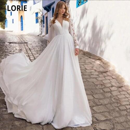 LORIE Elegant Wedding Dresses 2021 V-Neck Long Puff Sleeves Chiffon Corset Wedding Gown White Ivory Bridal Dress 2021