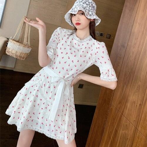 French Floral Sweet Chiffon Dresses Summer Lace Round Neck Chic Flare Sleeves Fashion Elegant Bow Tie Slim White Dress Fairy