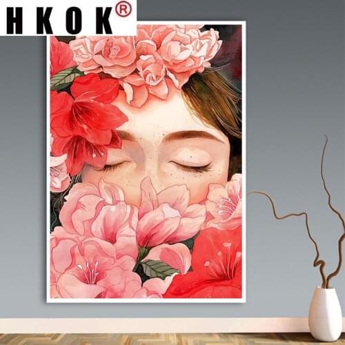 HKOK Canvas Painting Nordic Poster And Floral Pattern Flower Girl Cartoon Portrait Wall Art PictureLiving Room Home Decoration