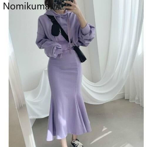 Nomikuma Korean Women 2Pieces Outfits Causal Hooded Pullover Sweatshirt + High Waist Slim Ruffle Split Mermaid Skirt Sets 6C925