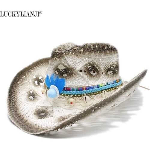 LUCKYLIANJI Womens Mens Wide Brim Straw Sun Beach Cowboy Cowgirl Western Hat National Wind Feather Braid Leather Band (58cm)