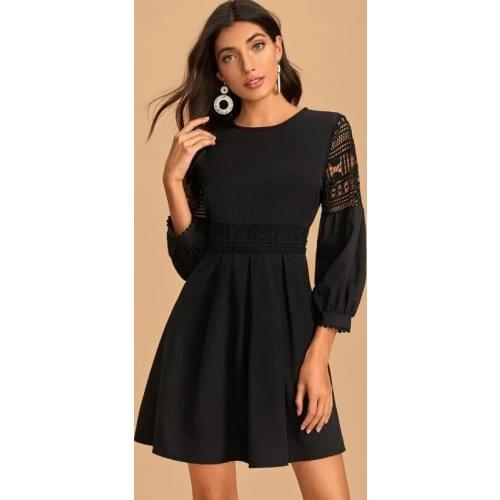 Fashion Womens Black Lace A-Line Dress O Neck 3/4 Sleeves Elegant Ball Slim Dresses Party Vintage Vestidos