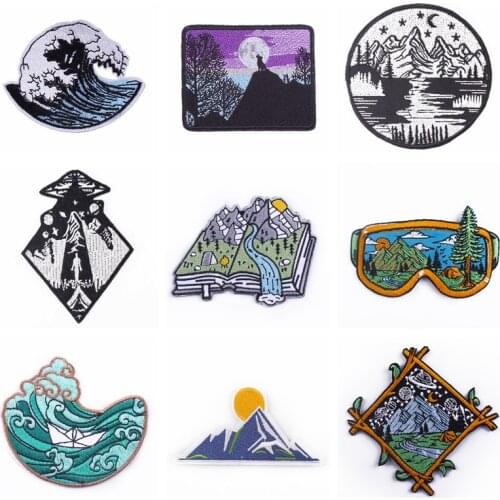 Wilderness Patch Stripe Iron On Patches For Clothing Camp Embroidery Patch Waves Patches Fabric Applique Sewing On Clothes Badge