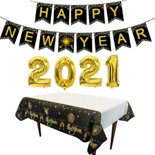 Happy New Year Aluminum Film Balloon Pull Flag Tablecloth New Year Party Decoration Set Decorative Gifts