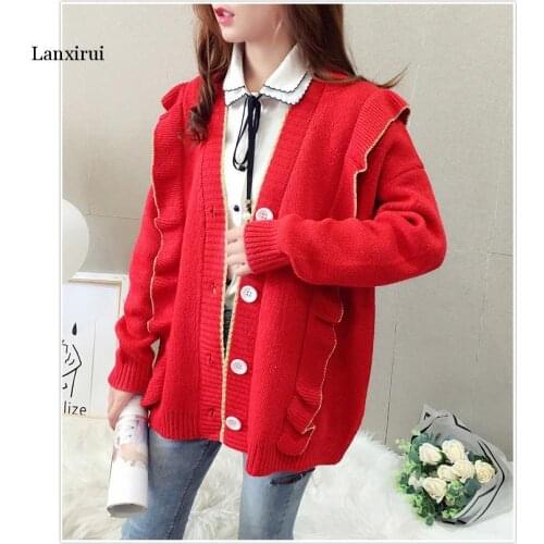 Autumn Winter Korean Style Sweaters Loose Buttons Cardigans Knitted Women Sweater All-Match Ruffles Brand Outerwear