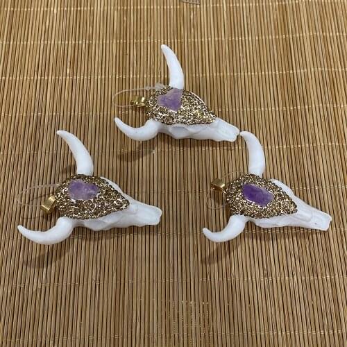 Natural Amethyst Necklace Pendant Bull Head Shape Fashion Pendant Retro Shiny Punk Charm Handmade DIY Crafts Accessories