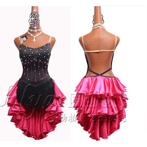 Latin Dance Competition Dresses Performing Dresses New High-end Black tasseled Skirt Rose Red Dresses