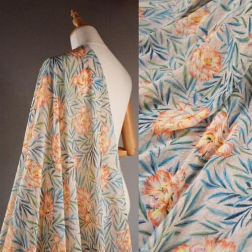 Half Meter Elegant Leaves Big Flower Print High Grade Chiffon Fabric For Dress Shirt Cheongsam Soft Thin Material T1675
