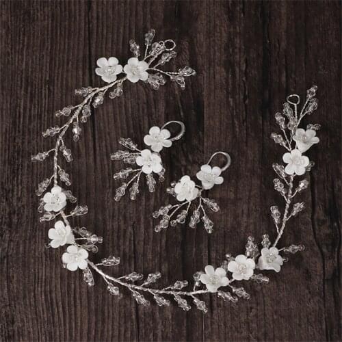 Silver Colour Ceramic flower millet Beads Crystal Headband, Ceramic Flower Rice beads Crystal Earrings,Women bridal Hair Jewelry