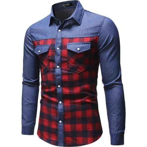 Fashion Pop Fashion Mens Plaid Shirt Cotton Casual Stitching Top Loose Long-sleeved Denim Shirt Male Single Breasted