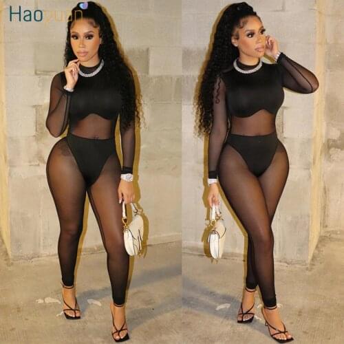 HAOYUAN Sexy Black Long Sleeve Bodycon Jumpsuits Club Outfits for Women Velvet Mesh Patchwork Sheer Fall 2021 Fashion Rompers