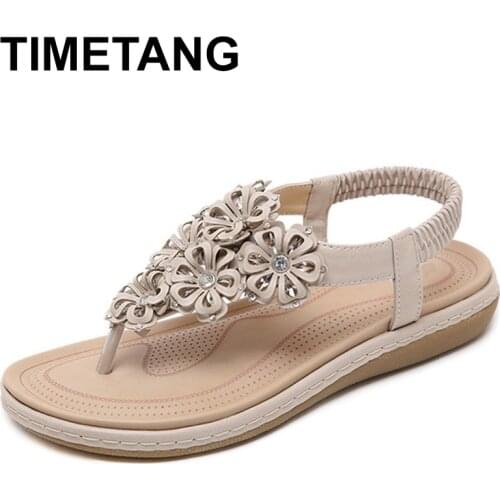 TIMETANG 2021 Women Bohemia Flower Rhinestone Flat Summer Sandals Shoes Ladies Gladiator Sandals Party Shoes Big Size 35-42 E378