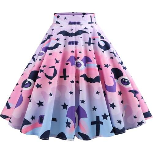 Hepbrun Style Vintage Retro Skirts High Wasit Elegant Ladies Swing Dance Party Christmas Ghost Bat Star Printed Womens Skirt