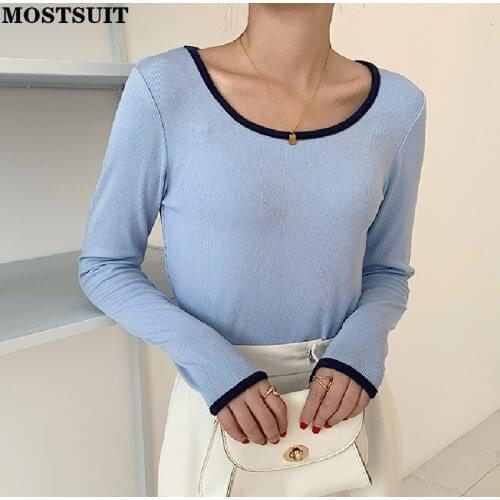 Color-blocked Women T Shirt Autumn Full Sleeve O-neck Slim Tops Pullovers Korean Fashion Casual Female T-shirt Femme 2021