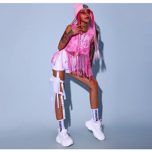WomenS Group Performance Clothes Sexy Jazz Dance Costumes Female Singer Pink Tassel Tops White Shorts Pole Dance Wear DQS7124